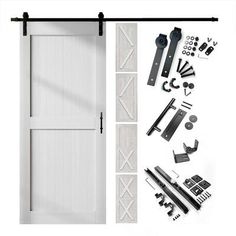 an open white barn door with hardware and tools