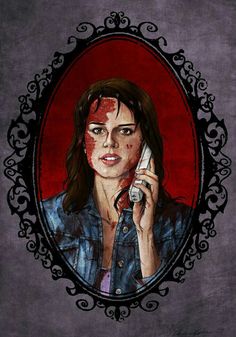 a painting of a woman holding a cell phone to her ear and looking at the camera