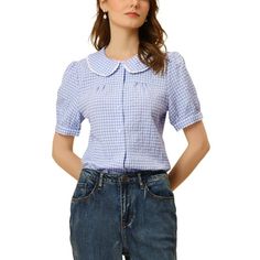 This Allegra K plaid shirt is perfect for creating an ultra-feminine look with a statement peter pan collar. It's designed with the puff sleeve. Plaid and full placket highlight the perfectly short sleeve with button down of this soft and straight shirt. This cute peter pan collar with lace contrast collar will make you love this shirt top. Model is wearing in size XS Measurement (in inches) International Size----------Chest Girth----------Waist Girth----------Shoulder Width----------Total Lengt Short Sleeve Plaid Shirt, Summer Gingham, Pan Collar Blouse, Peter Pan Collar Shirt, Chiffon Tops Blouses, Peter Pan Collar Blouse, Summer Plaid, Tunic Tops Casual, Ultra Feminine