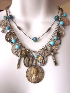 Repurposed Necklace, Sacred Jewelry, Vintage Assemblage Jewelry, Found Object Jewelry, Vintage Jewelry Ideas, Junk Jewelry, Catholic Jewelry, The Virgin Mary, Repurposed Jewelry