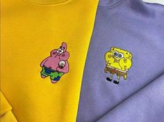 three spongebob sweatshirts with cartoon characters on them