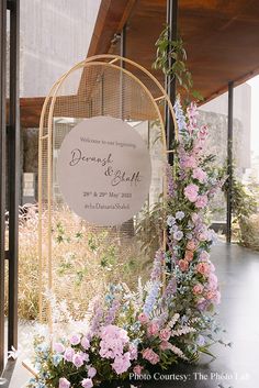 a floral display in front of a building