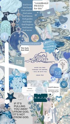 a collage of blue and white images