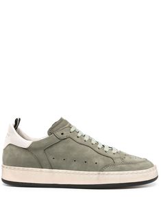 olive green calf leather/calf suede panelled design perforated detailing logo-print tongue contrasting branded heel counter round toe front lace-up fastening branded insole flat rubber sole Officine Creative, Print Sneakers, Brown Sneakers, Flat Sneakers, Van Cleef Arpels, Hermes Birkin, Lady Dior, Dolce & Gabbana, Sneakers White