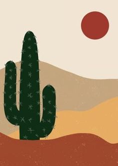 a desert scene with a cactus and sun in the background