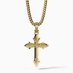 a mens gold cross necklace hangs from a 14 karat chain 14k Gold Spiritual Cross Necklace, Yellow Gold Polished Cross Necklace Pendant, Classic Polished Crucifix Cross Necklace, Spiritual Polished Cross Jewelry And Charms, White Gold 14k Crucifix Cross Necklace, 14k White Gold Cross Pendant Necklace, 14k White Gold Crucifix Cross Necklace, Gold Crucifix Necklace With Polished Finish, Gold Crucifix Cross Necklace With Polished Finish