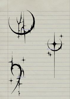 three different designs on lined paper, each with an arrow and star design in the middle