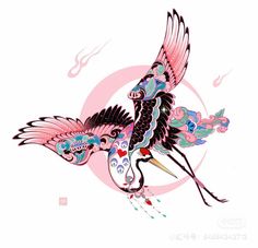 a colorful bird flying through the air with pink and blue colors on it's wings