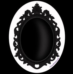 a black and white oval frame with an ornate design on the edge, in front of a black background