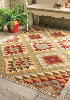 an area rug is shown with potted plants on the floor and a bench in the background