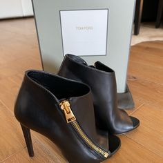 Tom Ford Bos Taurus Ankle Boots With Signature Brass Zipper New With Box And Dust Bag. Never Been Worn. 4 1/2 Inch Heel. Size 38 Beautiful, Sexy And Classy. Elegant Ankle-high Heels With Zipper Closure, Elegant Ankle Boot Heels With Zipper Closure, Elegant Heels With Zipper Closure, Formal Ankle Boot Heels With Zipper Closure, Elegant Open Heel Formal Boots, Luxury Open Toe Evening Boots, Leather Heels With Zipper Closure For Formal Wear, Luxury Open Toe Formal Boots, Formal Leather Heels With Zipper Closure