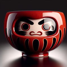 a red bowl with black and white designs on the face is sitting on a table