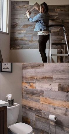 a woman standing on top of a wooden wall next to a toilet