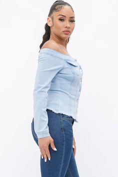 OFF THE SHOULDERS LONG SLEEVE DENIM TOP MADE IN VIETNAM 42%COTTON 28%RAYON 2%SPANDEX S/M/L(2-2-2) Denim Blue Button-up Top, Light Wash Long Sleeve Denim Top, Long Sleeve Denim Blue Denim Top, Long Sleeve Light Indigo Denim Tops, Light Denim, Denim Top, Jeggings, Off The Shoulder, Bell Sleeve Top