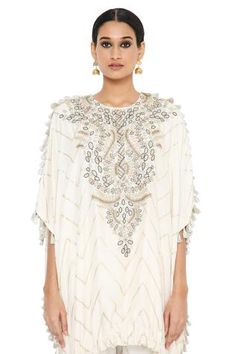 Shop for Payal Singhal White Aahna Banarasi Kaftan With Joggers Set for Women Online at Aza Fashions White Kaftan, Payal Singhal, Joggers Set, Embroidered Neckline, Jogger Set, Embroidered Silk, Batwing Sleeve, Set For Women, Aza Fashion