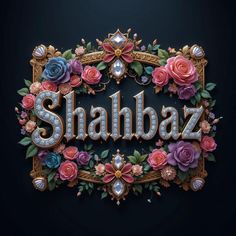 the word shalbbaz surrounded by flowers and jewels on a black background with gold lettering