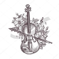 a violin with flowers and music notes