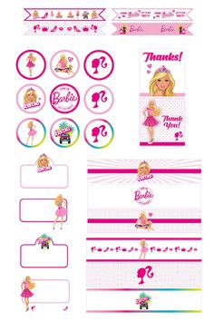 a set of stickers and labels for barbie princess party decorations, including cupcakes