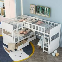 a child's bedroom with bunk beds and rugs