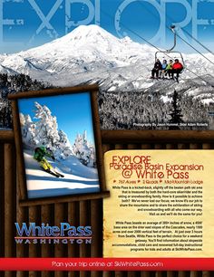 an advertisement for white pass ski resort in the mountains with people on a ski lift