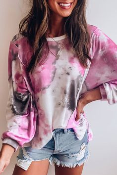 Tie Dye Long Sleeve Casual Sweatshirt Loose Hoodie, Tie Dye Shorts, Round Neck Tops, Basic Tops, Tie Dye Print, Casual Blouse, Long Sleeve Casual, Casual Sweatshirt