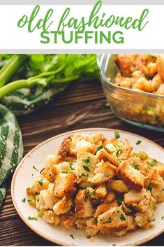 this is an image of old fashioned stuffing on a white plate with green onions and celery in the background