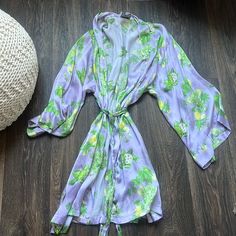 Helena Quinn Lemon Robe Silk V-neck Summer Robe, Silk Sleepwear For Summer Lounging, Silk Fitted Robe For Spring, Summer Silk Loungewear Robe, Purple Floral Print Sleepwear For Summer, Summer Silk Lounge Robe, Summer Floral Print Purple Sleepwear, Silk Sleepwear For Spring Lounging, V-neck Silk Summer Robe