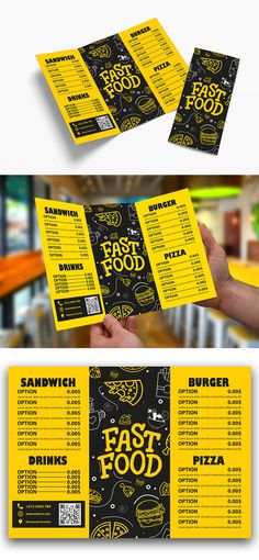 the menu for fast food is shown in yellow and black