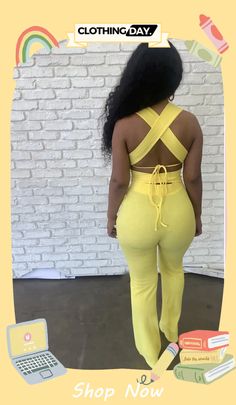 Summer Yellow Sexy Strings Crop Top and Pants Set Yellow Two-piece Bottoms, High Waist Stretch Two-piece Set, Stretch High-waist Two-piece Set, Stretch Two-piece High Waist Set, Trendy Stretch Two-piece Bottoms Set, Trendy Fitted Two-piece Bottoms, Fitted High Waist Two-piece Bottoms Set, Trendy Two-piece Set Bottoms For Night Out, Fitted Yellow Pants For Night Out