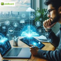 a man sitting in front of a laptop computer on top of a wooden table with icons coming out of it