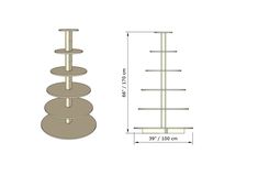 three tiered display stand with measurements for the top, bottom and bottom shelves on each side