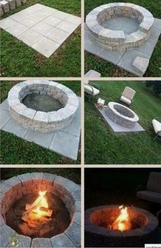 several pictures of an outdoor fire pit in the grass