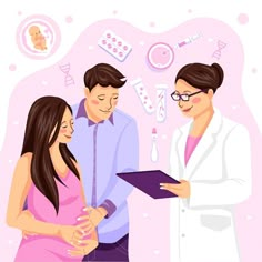 a doctor and two pregnant women looking at a clipboard with medical icons around them