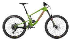 a green and black mountain bike on a white background