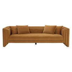 a tan couch with four pillows on the back and one arm folded out to show it's shape