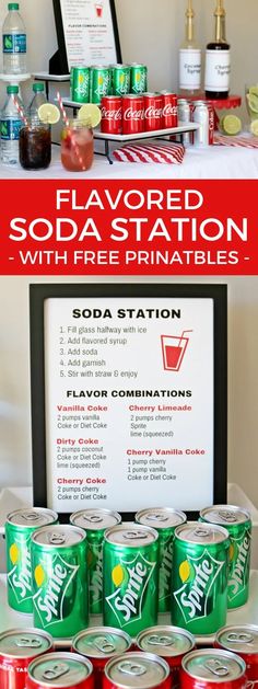 a table with soda cans and a sign that says, flavored soda station with free printables