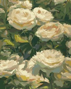 an abstract painting of white roses in bloom