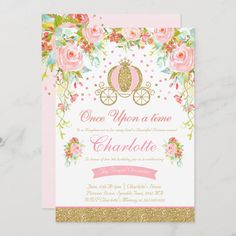 a pink and gold princess carriage birthday party card