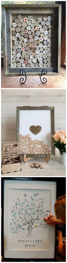 an old wooden box is decorated with buttons and other decorative items to make it look like a family tree