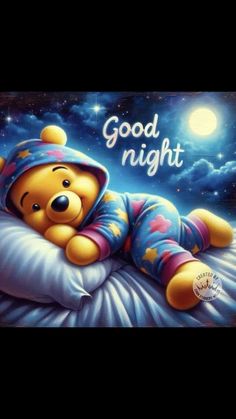 a painting of a teddy bear laying on top of a bed with the words good night written above it