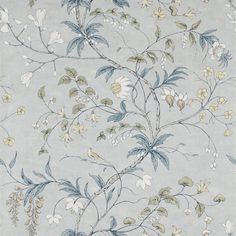 a floral wallpaper with white flowers and green leaves on a light gray background,