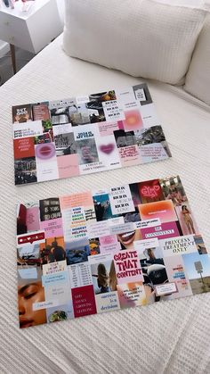 two magazines laying on top of a white bed