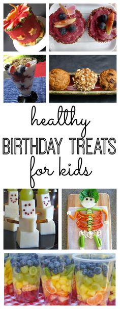 many different desserts are shown with the words happy birthday treats for kids on them