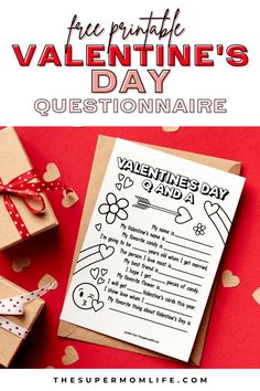 valentine's day questionnaire with presents and hearts around it on a red background