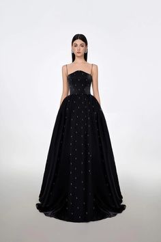 Maria Ball Gown Spaghetti Strap Voile Floor Length Dress | MEAN BLVD Dress With Stones, Floor Length Dress, Black Strapless Dress, Ankle Length Dress, Split Skirt, Full Dress, Square Neck Dress, Dresses Xxl, Confident Woman