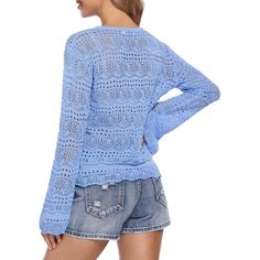 This knit top features a stylish and trendy hollow out design that adds a touch of sophistication. Knit Crochet Long Sleeve Top For Day Out, Light Blue Knit V-neck Top, Long Sleeve Pointelle Crochet Top For Day Out, Vacation Long Sleeve Pointelle Knit Crochet Top, Long Sleeve Pointelle Knit Crochet Top For Vacation, Long Sleeve Pointelle Knit Crochet Top For Day Out, Spring Hollow Out Crew Neck Sweater, Spring Crew Neck Sweater With Hollow Out Design, Spring Hollow Out Knit Sweater