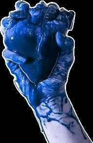 a hand with blue paint on it holding something in the shape of an animal's heart