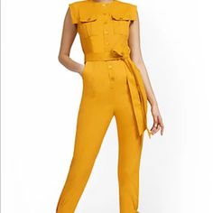 Nwt Two-Pocket Ankle-Tie Utility Jumpsuit In A Rich Gold Color. Sold Out ! Bx#1 Fitted Yellow Jumpsuits And Rompers With Pockets, Yellow V-neck Jumpsuits And Rompers For Work, Calvin Klein Yellow Jumpsuit, Spring Yellow Wide-leg Jumpsuits And Rompers, Business Casual Trousers, Cotton Utility Button-up Jumpsuits And Rompers, Black Capri Pants, Utility Jumpsuit, Button Down Shirt Dress