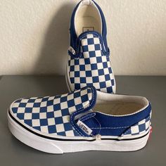 Kids Vans Classic Slip-On Checkerboard Color: Beacon Blue Unisex Blue Vans Slip-on Sneakers, Blue Slip-on Vans Sneakers, Blue Vans Sneakers For School, Blue Round Toe Sneakers For School, Blue Sneakers For School In Spring, Vans Blue, Shoes Vans, Fun Dress, Vans Classic Slip On