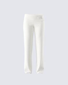 Make any day cuter and cozier with these white knit pants 🤍 Complete with a ribbed fold over top edge and wide leg fit, this piece is the perfect look for grocery store runs, self care days, and everything in between ✨ Chic White Winter Pants, Spring White Knit Pants, White Knit Pants For Spring, Chic White Bottoms For Winter, Chic White Winter Bottoms, White Stretch Knit Pants, Chic Solid Color Knit Pants, White Relaxed Fit Knit Bottoms, White Casual Knit Pants